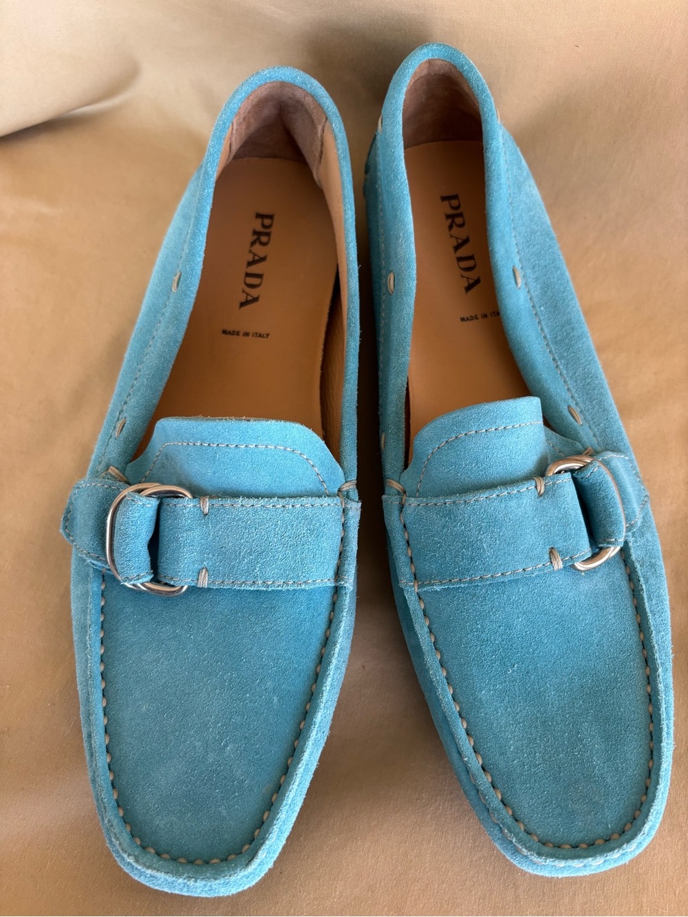 PRADA Turquoise Suede Buckle Loafers - Picture 2 of 7